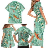 Green Palaka Hawaiian And Japanese Family Matching Short Sleeve Bodycon Dress and Hawaiian Shirt Sakura Lei With Koi Fish - Polynesian Pride