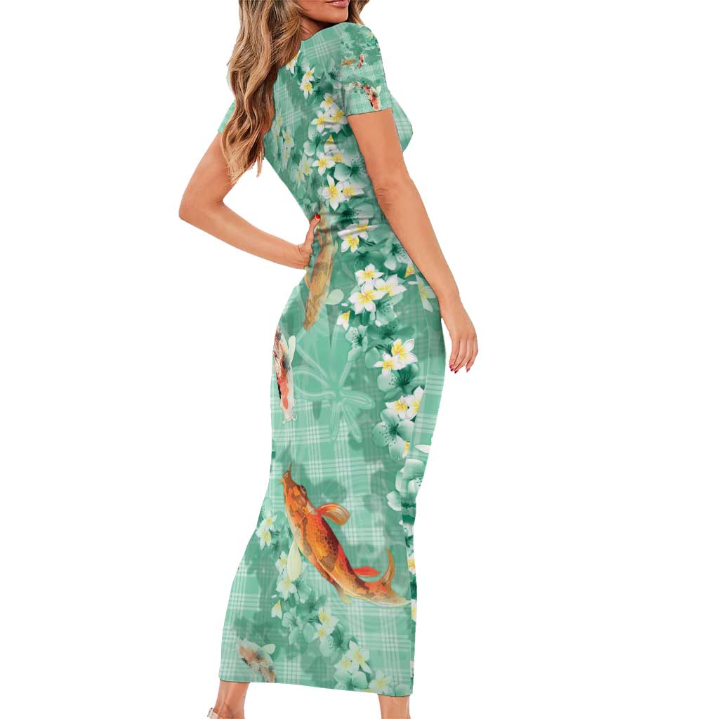 Green Palaka Hawaiian And Japanese Family Matching Short Sleeve Bodycon Dress and Hawaiian Shirt Sakura Lei With Koi Fish - Polynesian Pride