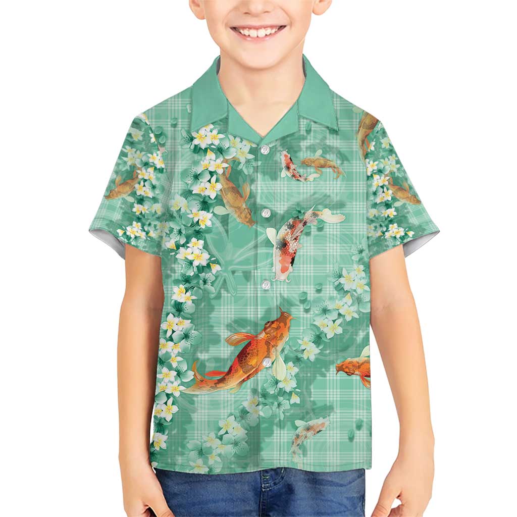 Green Palaka Hawaiian And Japanese Family Matching Short Sleeve Bodycon Dress and Hawaiian Shirt Sakura Lei With Koi Fish - Polynesian Pride