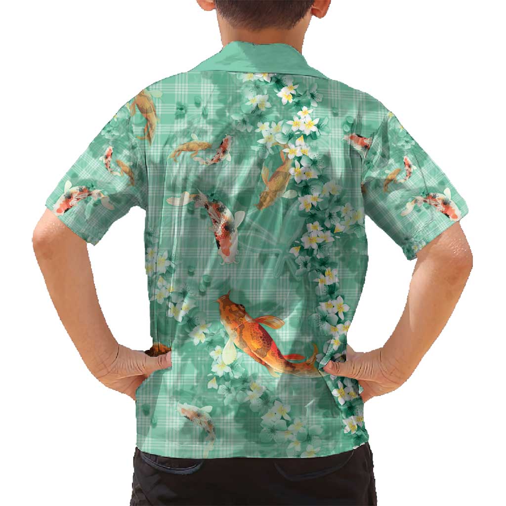 Green Palaka Hawaiian And Japanese Family Matching Tank Maxi Dress and Hawaiian Shirt Sakura Lei With Koi Fish - Polynesian Pride