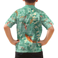 Green Palaka Hawaiian And Japanese Family Matching Tank Maxi Dress and Hawaiian Shirt Sakura Lei With Koi Fish - Polynesian Pride
