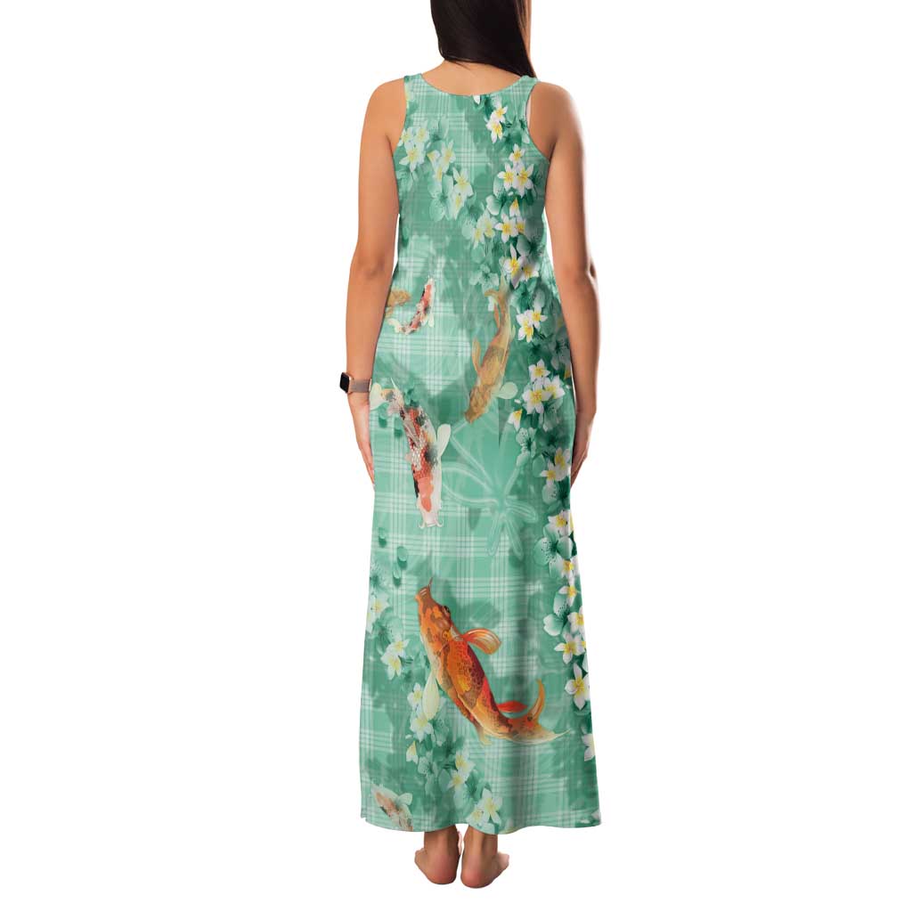 Green Palaka Hawaiian And Japanese Family Matching Tank Maxi Dress and Hawaiian Shirt Sakura Lei With Koi Fish - Polynesian Pride