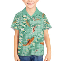 Green Palaka Hawaiian And Japanese Family Matching Tank Maxi Dress and Hawaiian Shirt Sakura Lei With Koi Fish - Polynesian Pride