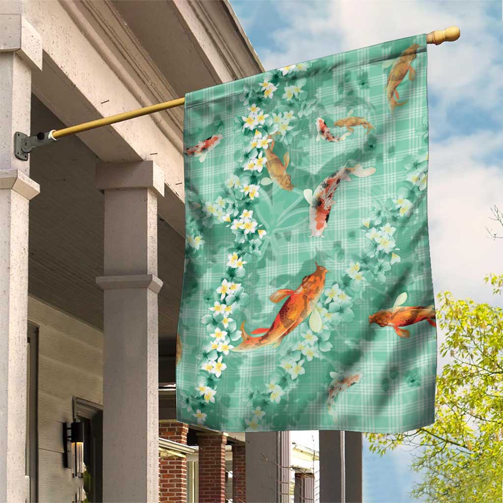 Green Palaka Hawaiian And Japanese Garden Flag Sakura Lei With Koi Fish DT05 House Flag Green - Polynesian Pride