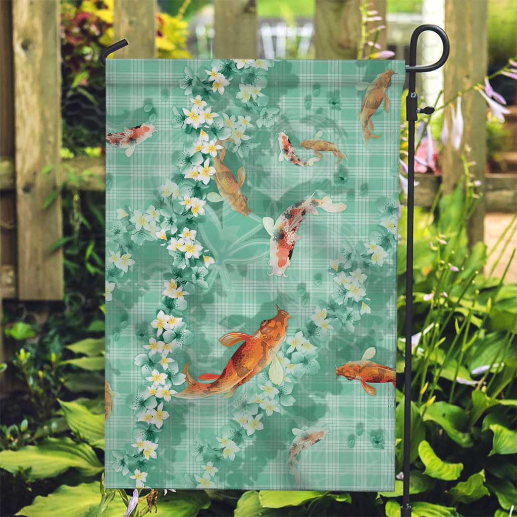 Green Palaka Hawaiian And Japanese Garden Flag Sakura Lei With Koi Fish - Polynesian Pride