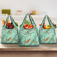 Green Palaka Hawaiian And Japanese Grocery Bag Sakura Lei With Koi Fish - Polynesian Pride