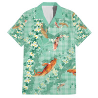 Green Palaka Hawaiian And Japanese Hawaiian Shirt Sakura Lei With Koi Fish - Polynesian Pride