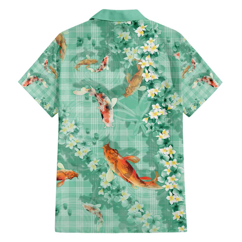 Green Palaka Hawaiian And Japanese Hawaiian Shirt Sakura Lei With Koi Fish - Polynesian Pride