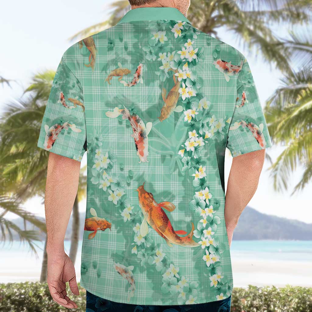 Green Palaka Hawaiian And Japanese Hawaiian Shirt Sakura Lei With Koi Fish - Polynesian Pride