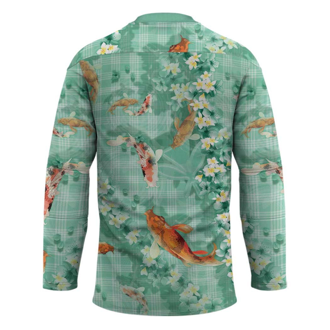 Green Palaka Hawaiian And Japanese Hockey Jersey Sakura Lei With Koi Fish - Polynesian Pride