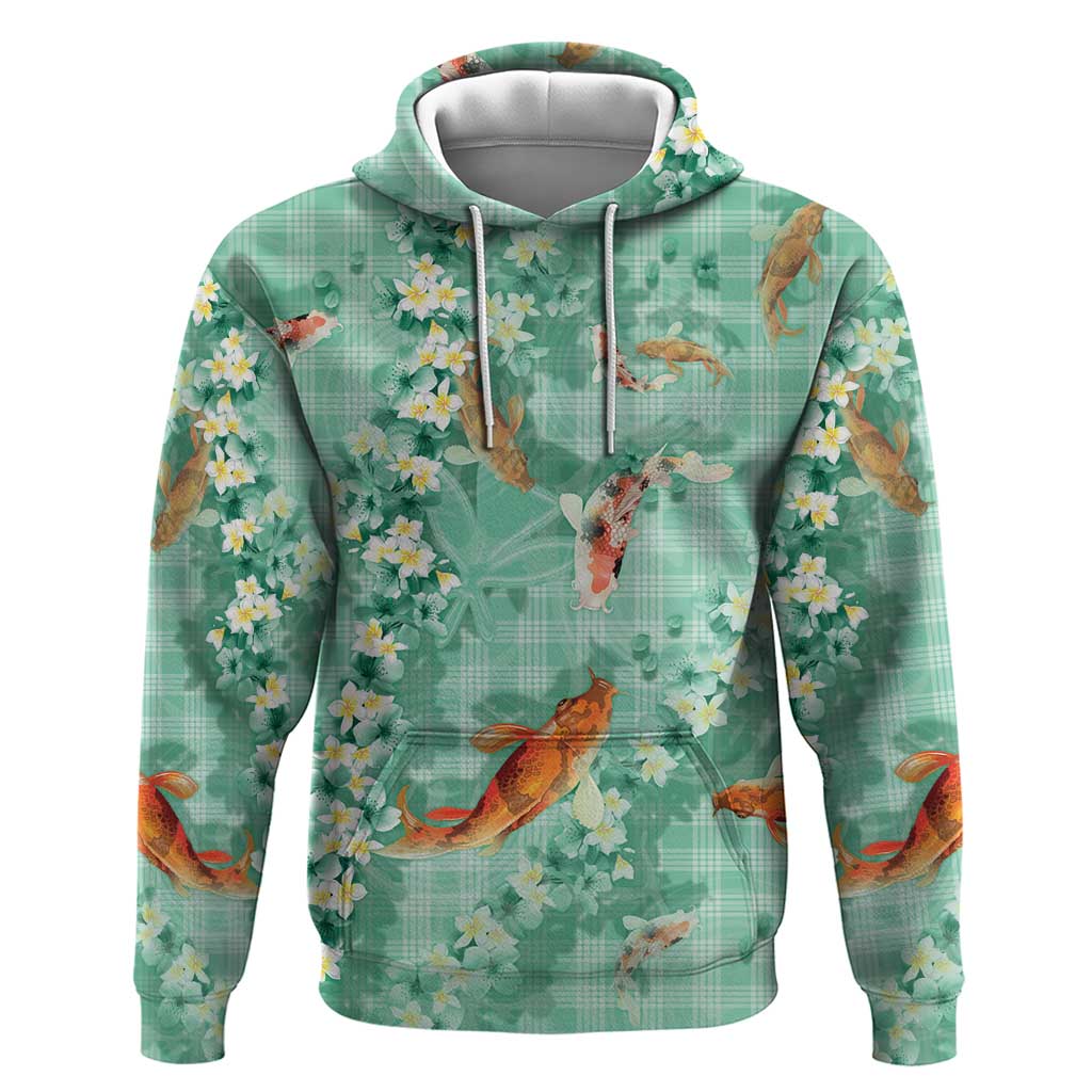 Green Palaka Hawaiian And Japanese Hoodie Sakura Lei With Koi Fish - Polynesian Pride