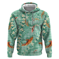 Green Palaka Hawaiian And Japanese Hoodie Sakura Lei With Koi Fish - Polynesian Pride
