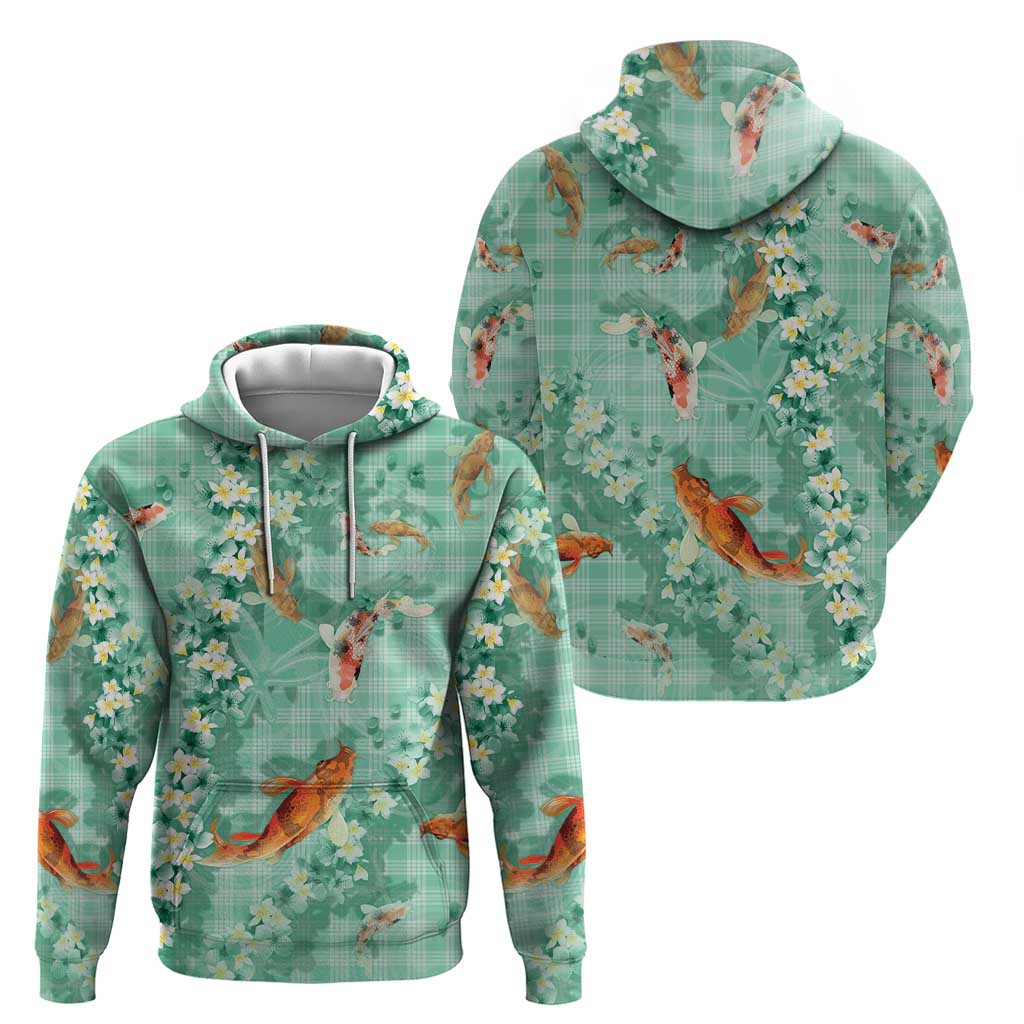 Green Palaka Hawaiian And Japanese Hoodie Sakura Lei With Koi Fish - Polynesian Pride