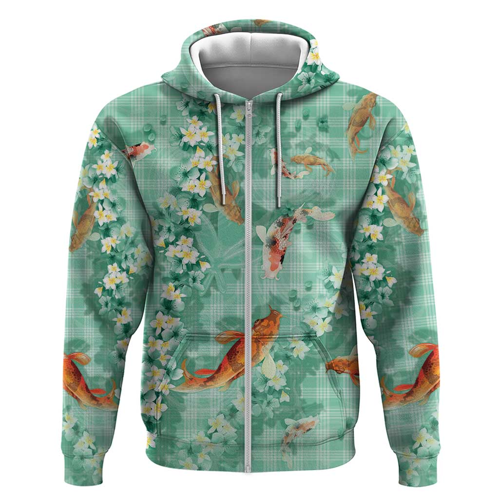 Green Palaka Hawaiian And Japanese Hoodie Sakura Lei With Koi Fish - Polynesian Pride