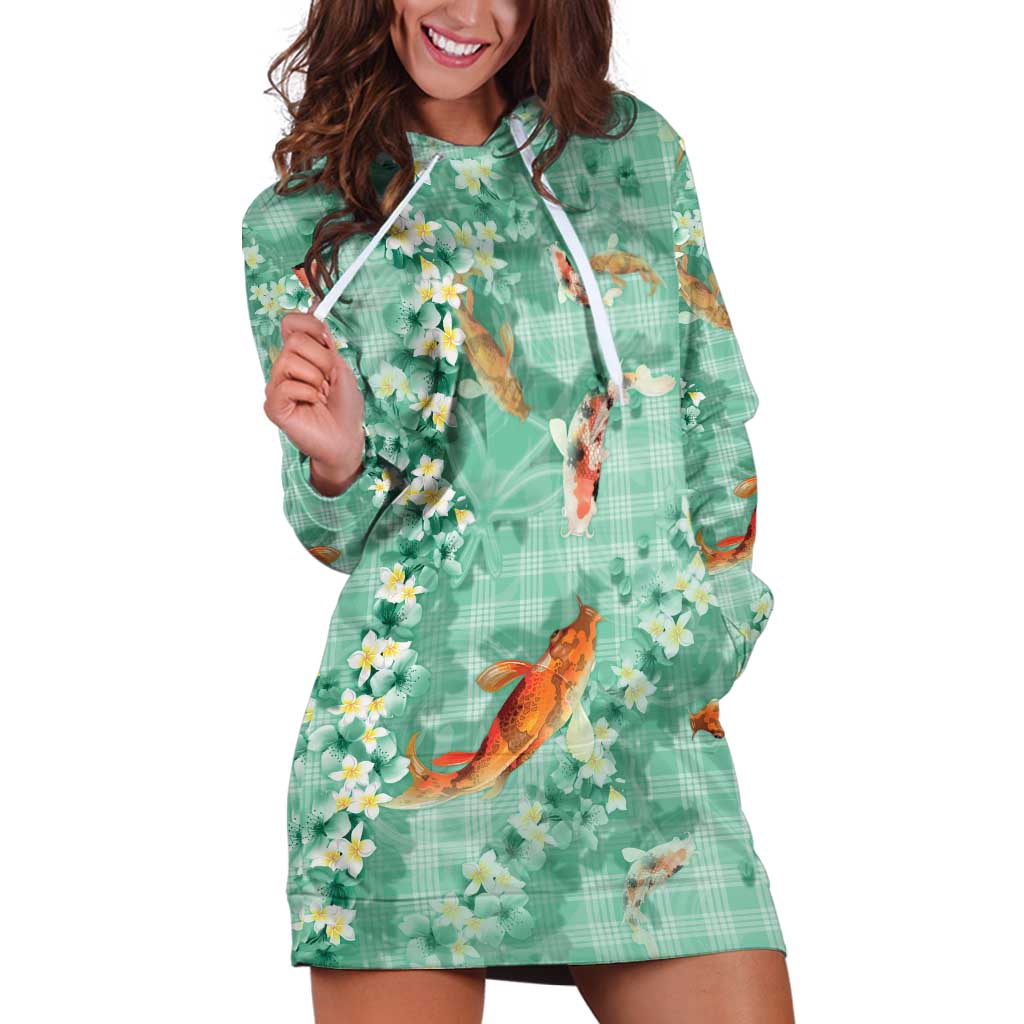 Green Palaka Hawaiian And Japanese Hoodie Dress Sakura Lei With Koi Fish - Polynesian Pride