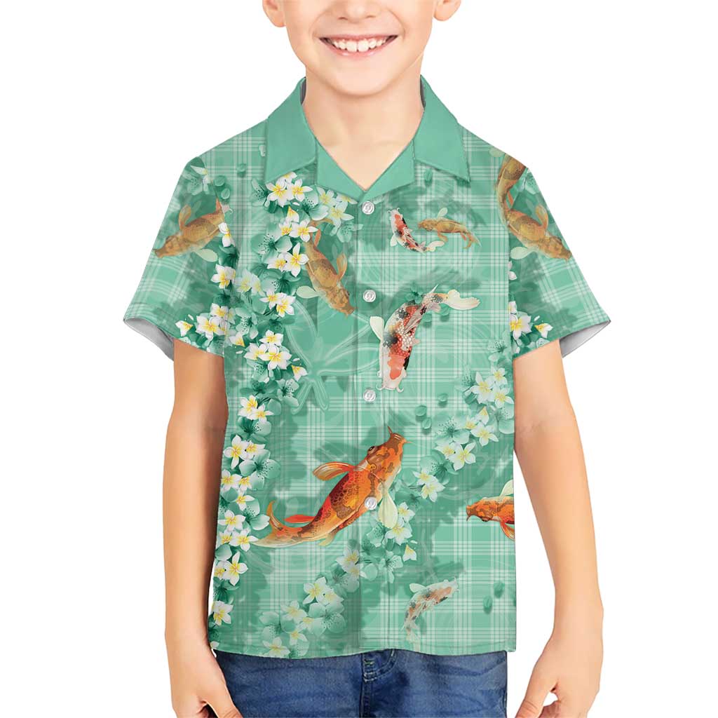 Green Palaka Hawaiian And Japanese Kid Hawaiian Shirt Sakura Lei With Koi Fish DT05 Kid Green - Polynesian Pride