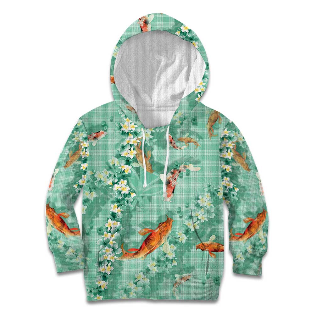 Green Palaka Hawaiian And Japanese Kid Hoodie Sakura Lei With Koi Fish DT05 Hoodie Green - Polynesian Pride