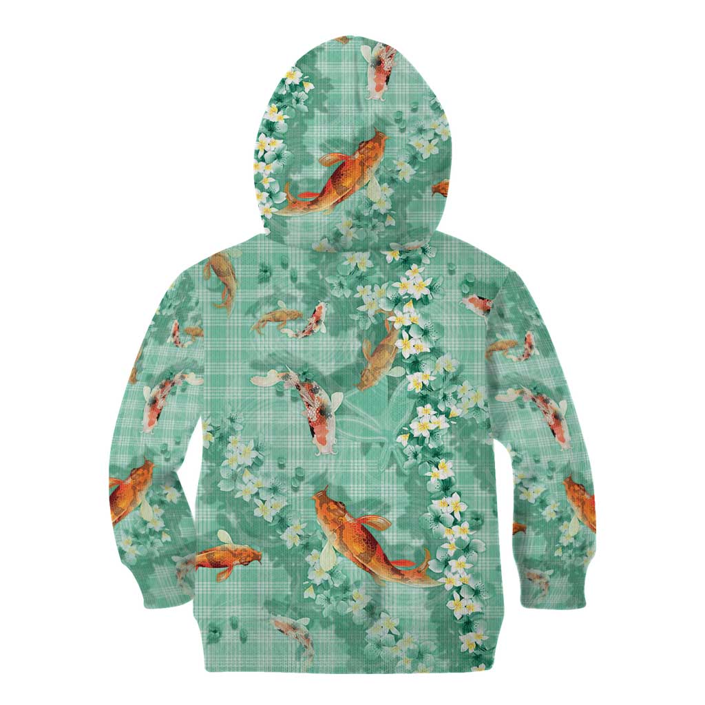 Green Palaka Hawaiian And Japanese Kid Hoodie Sakura Lei With Koi Fish - Polynesian Pride