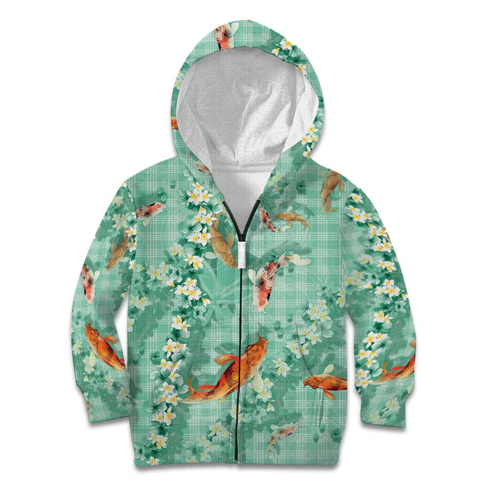 Green Palaka Hawaiian And Japanese Kid Hoodie Sakura Lei With Koi Fish - Polynesian Pride