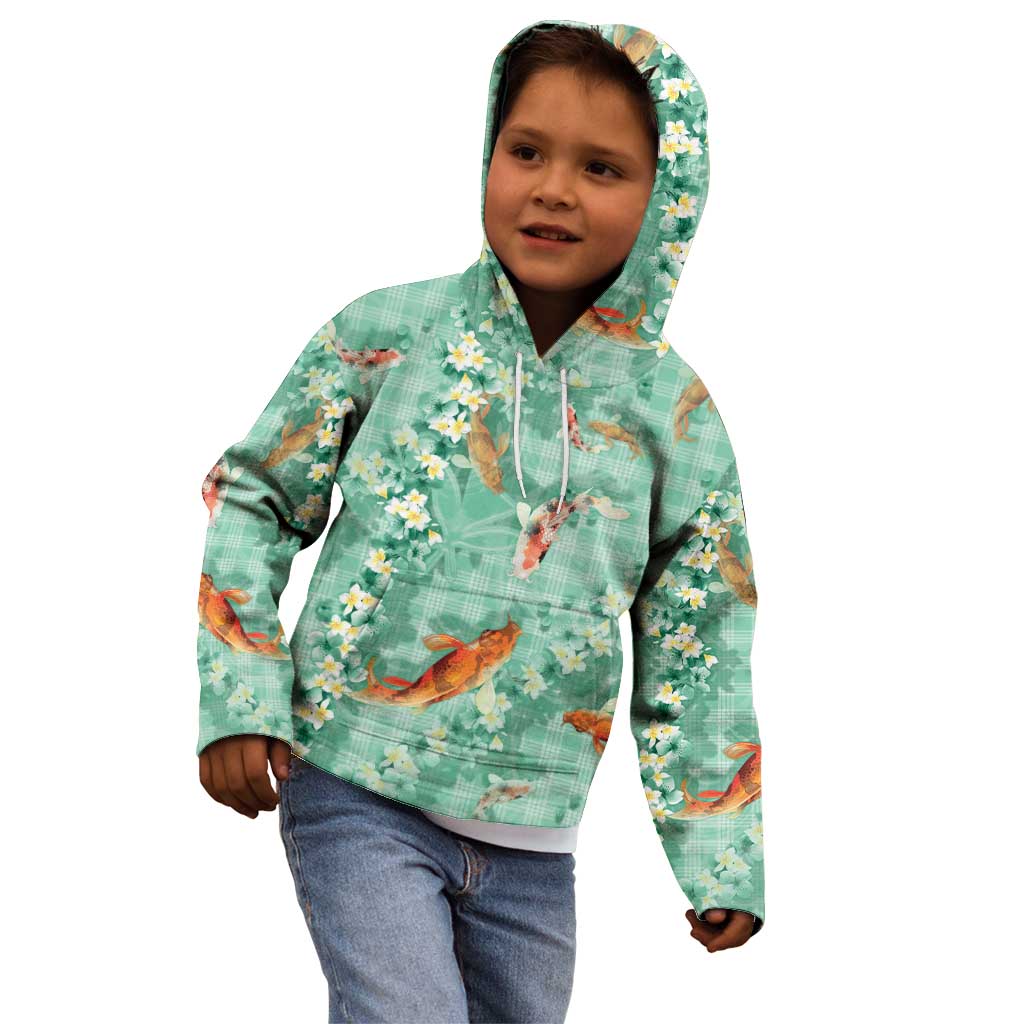 Green Palaka Hawaiian And Japanese Kid Hoodie Sakura Lei With Koi Fish - Polynesian Pride