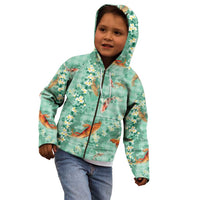 Green Palaka Hawaiian And Japanese Kid Hoodie Sakura Lei With Koi Fish - Polynesian Pride