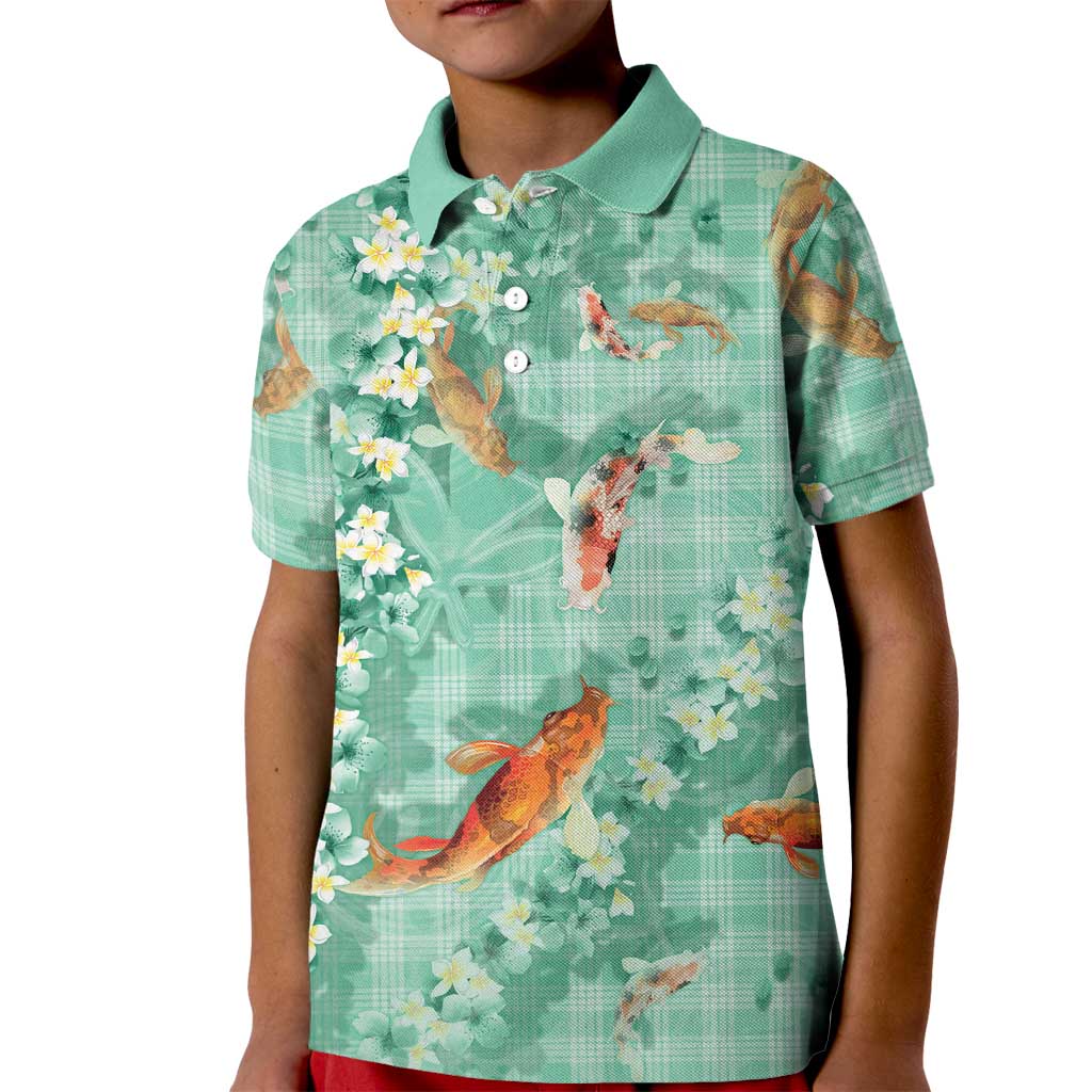 Green Palaka Hawaiian And Japanese Kid Polo Shirt Sakura Lei With Koi Fish DT05 Kid Green - Polynesian Pride