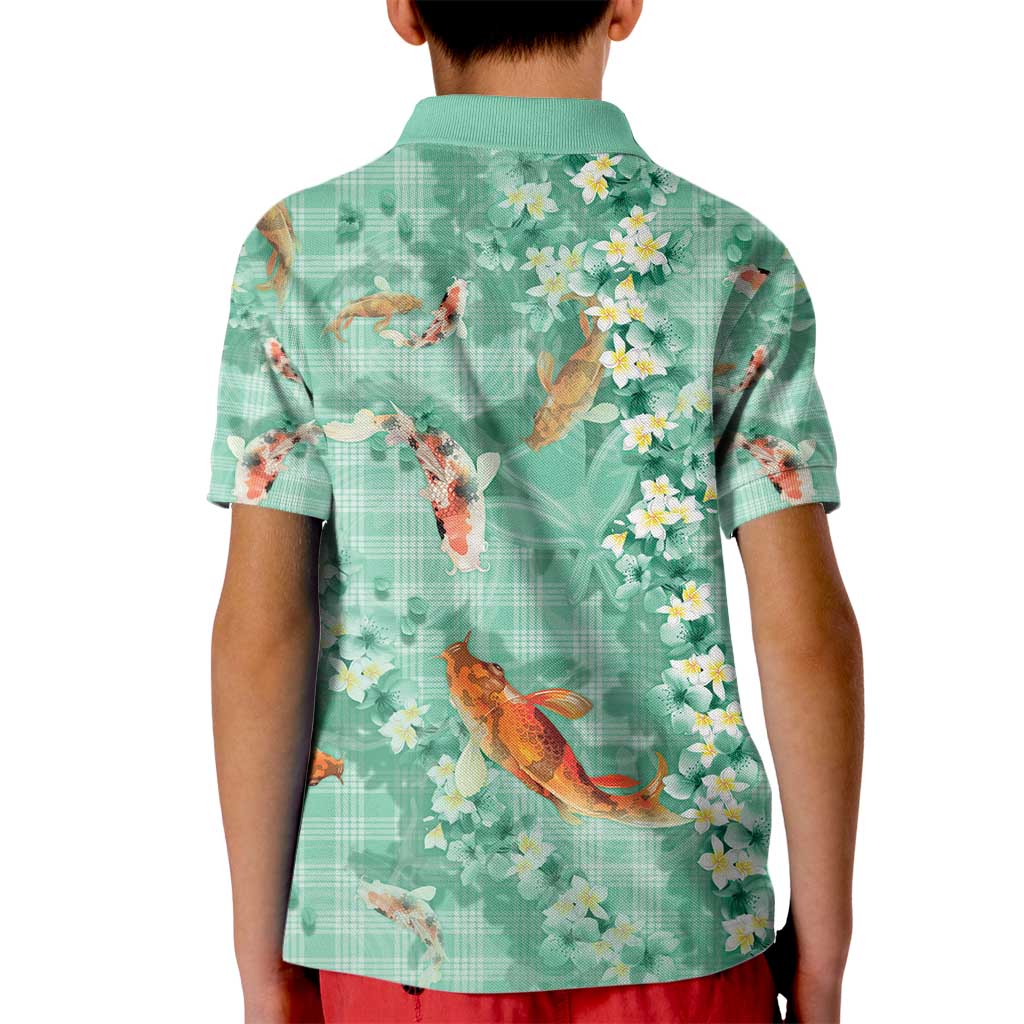 Green Palaka Hawaiian And Japanese Kid Polo Shirt Sakura Lei With Koi Fish - Polynesian Pride