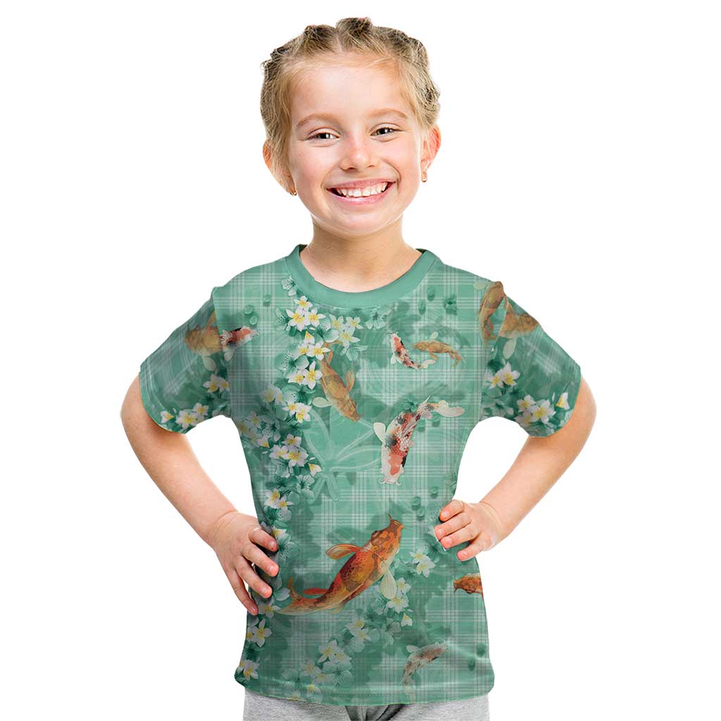 Green Palaka Hawaiian And Japanese Kid T Shirt Sakura Lei With Koi Fish DT05 Green - Polynesian Pride