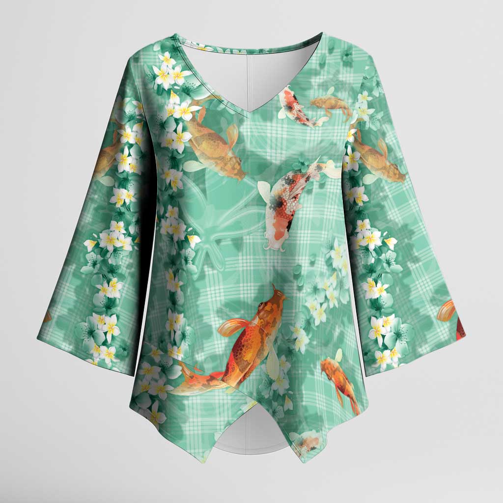 Green Palaka Hawaiian And Japanese Kimono Sleeve Blouse Sakura Lei With Koi Fish - Polynesian Pride