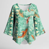 Green Palaka Hawaiian And Japanese Kimono Sleeve Blouse Sakura Lei With Koi Fish - Polynesian Pride