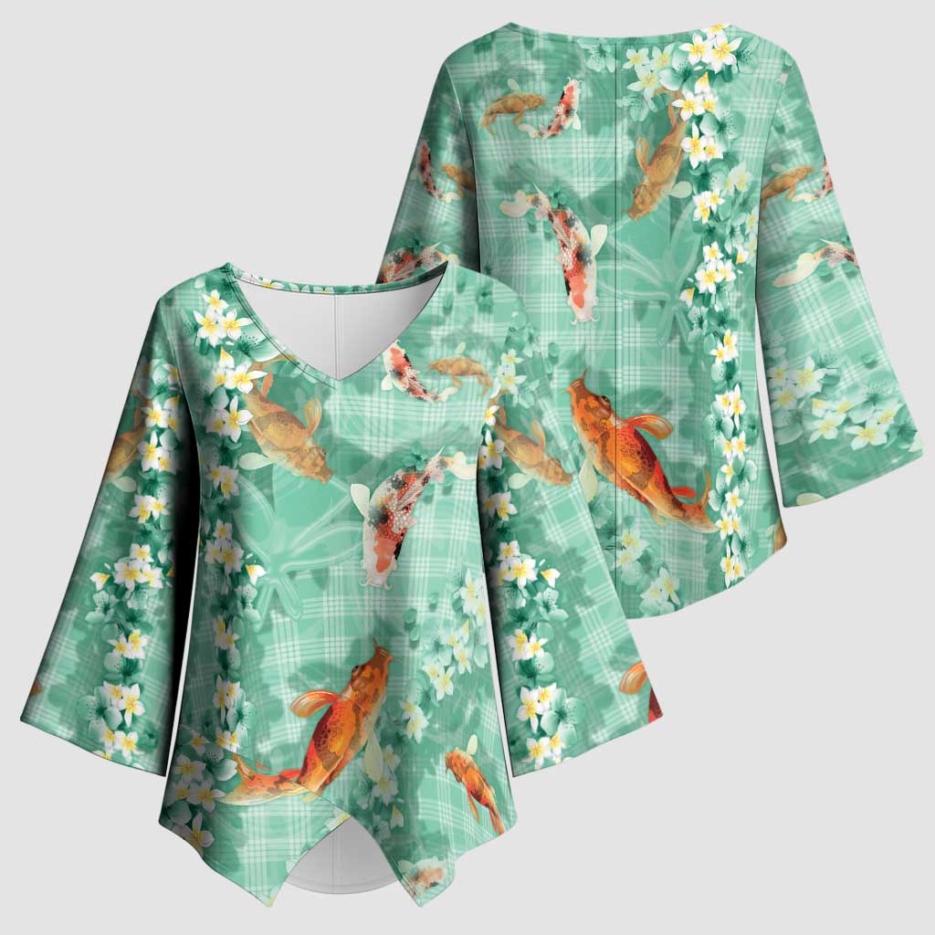 Green Palaka Hawaiian And Japanese Kimono Sleeve Blouse Sakura Lei With Koi Fish - Polynesian Pride