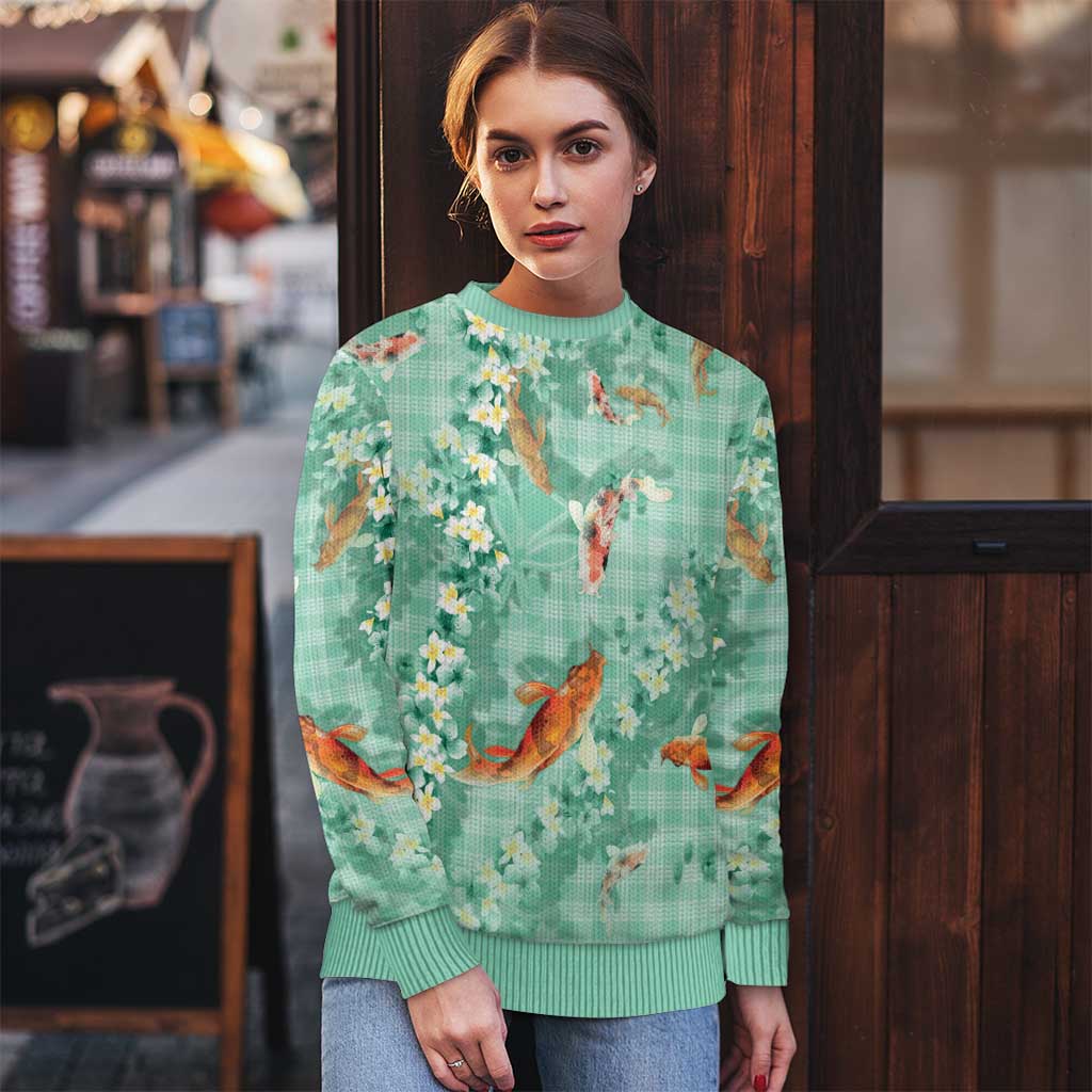 Green Palaka Hawaiian And Japanese Ugly Christmas Sweater Sakura Lei With Koi Fish - Polynesian Pride