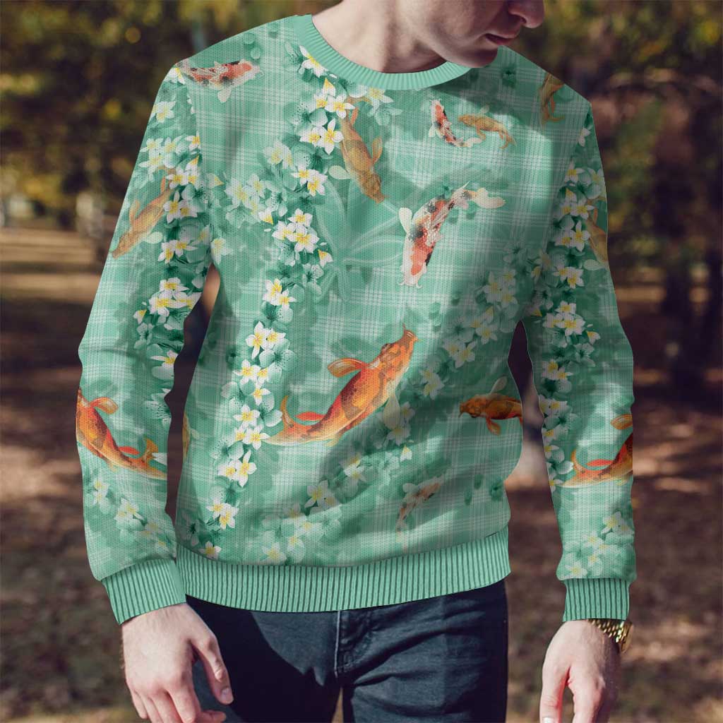 Green Palaka Hawaiian And Japanese Ugly Christmas Sweater Sakura Lei With Koi Fish - Polynesian Pride
