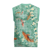 Green Palaka Hawaiian And Japanese Christmas Knitted V-Neck Vest Sakura Lei With Koi Fish - Polynesian Pride