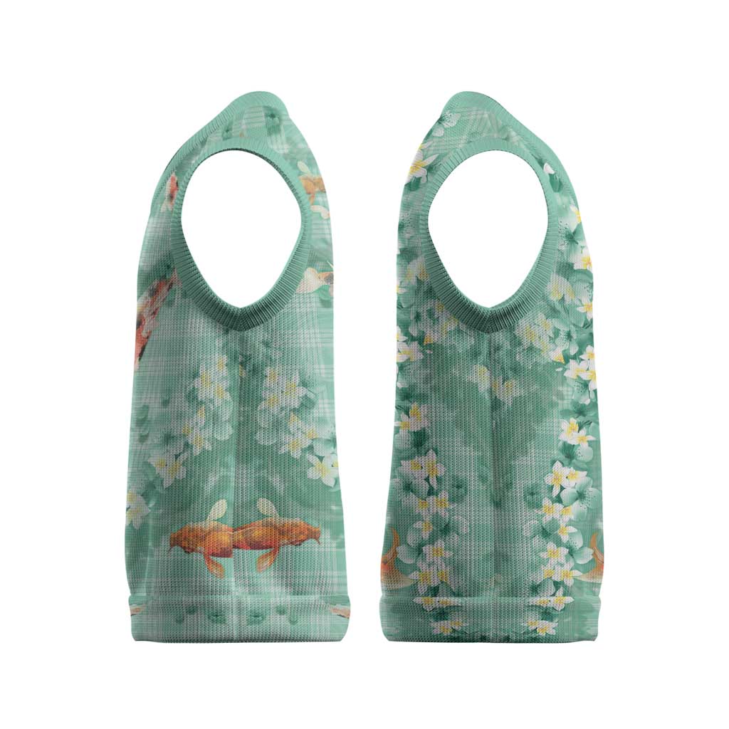 Green Palaka Hawaiian And Japanese Christmas Knitted V-Neck Vest Sakura Lei With Koi Fish - Polynesian Pride