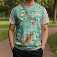 Green Palaka Hawaiian And Japanese Christmas Knitted V-Neck Vest Sakura Lei With Koi Fish - Polynesian Pride