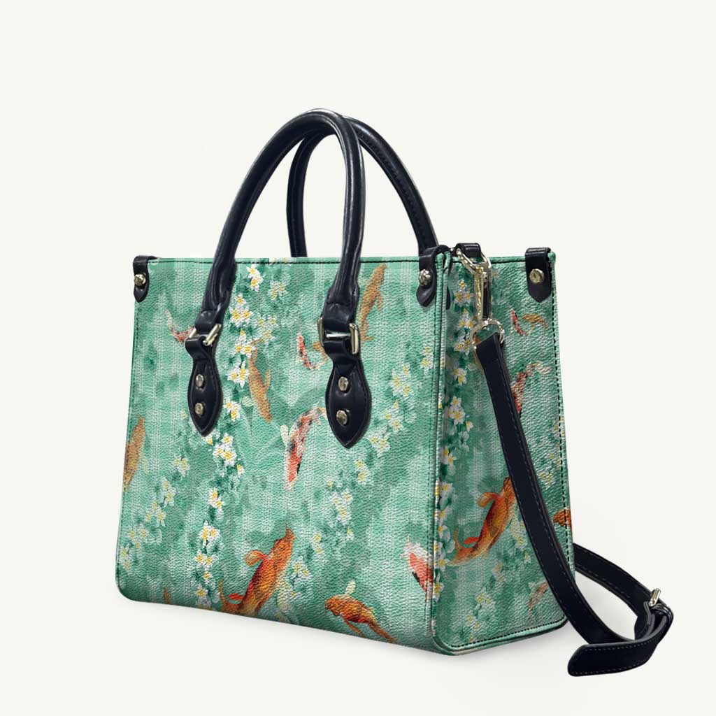 Green Palaka Hawaiian And Japanese Leather Bag Sakura Lei With Koi Fish - Polynesian Pride