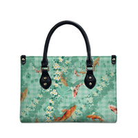 Green Palaka Hawaiian And Japanese Leather Bag Sakura Lei With Koi Fish - Polynesian Pride