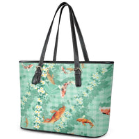 Green Palaka Hawaiian And Japanese Leather Tote Bag Sakura Lei With Koi Fish - Polynesian Pride