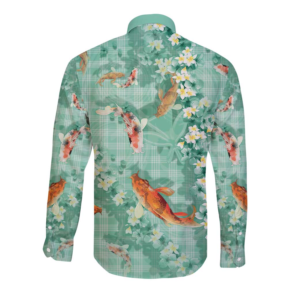 Green Palaka Hawaiian And Japanese Long Sleeve Button Shirt Sakura Lei With Koi Fish - Polynesian Pride