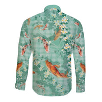 Green Palaka Hawaiian And Japanese Long Sleeve Button Shirt Sakura Lei With Koi Fish - Polynesian Pride