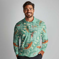Green Palaka Hawaiian And Japanese Long Sleeve Polo Shirt Sakura Lei With Koi Fish - Polynesian Pride