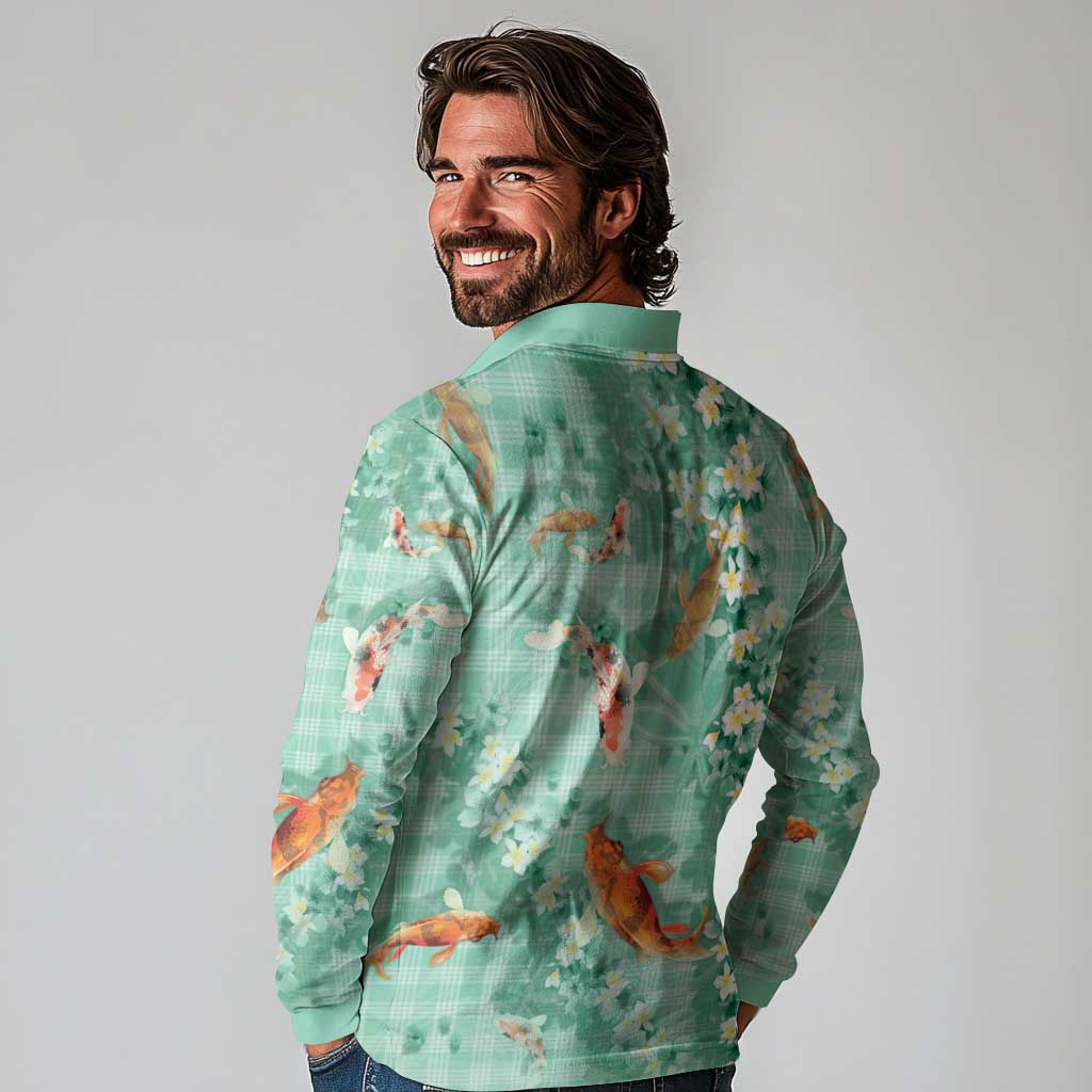 Green Palaka Hawaiian And Japanese Long Sleeve Polo Shirt Sakura Lei With Koi Fish - Polynesian Pride