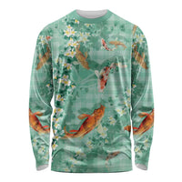 Green Palaka Hawaiian And Japanese Long Sleeve Shirt Sakura Lei With Koi Fish - Polynesian Pride