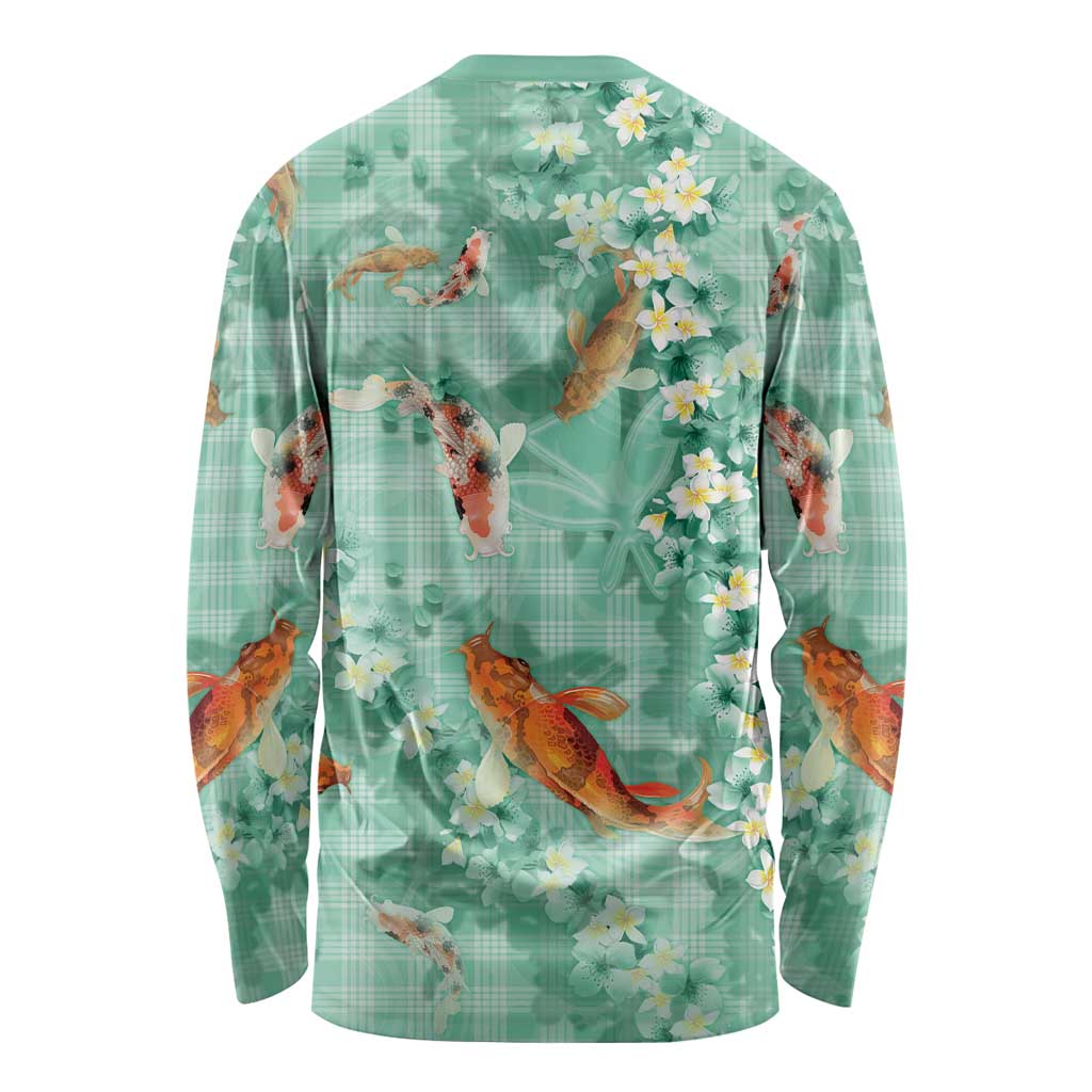 Green Palaka Hawaiian And Japanese Long Sleeve Shirt Sakura Lei With Koi Fish - Polynesian Pride