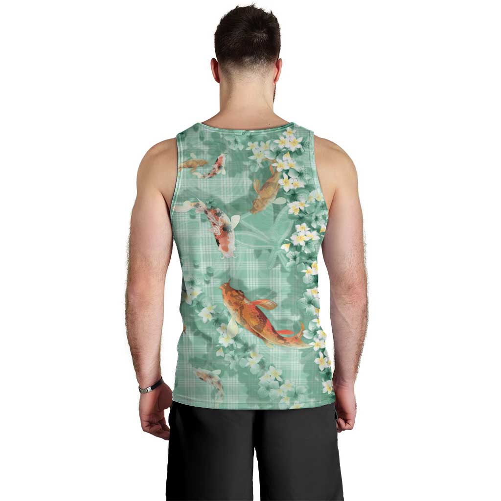 Green Palaka Hawaiian And Japanese Men Tank Top Sakura Lei With Koi Fish - Polynesian Pride