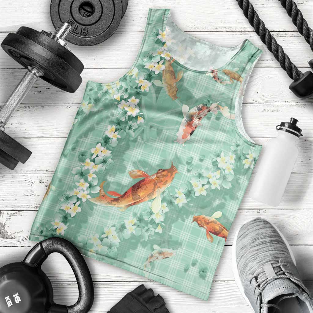Green Palaka Hawaiian And Japanese Men Tank Top Sakura Lei With Koi Fish - Polynesian Pride