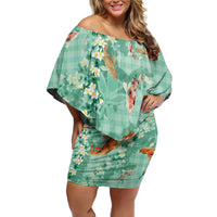 Green Palaka Hawaiian And Japanese Off Shoulder Short Dress Sakura Lei With Koi Fish - Polynesian Pride