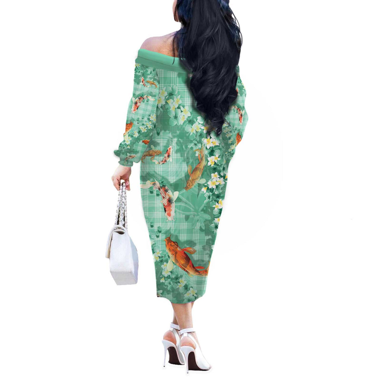 Green Palaka Hawaiian And Japanese Off The Shoulder Long Sleeve Dress Sakura Lei With Koi Fish - Polynesian Pride