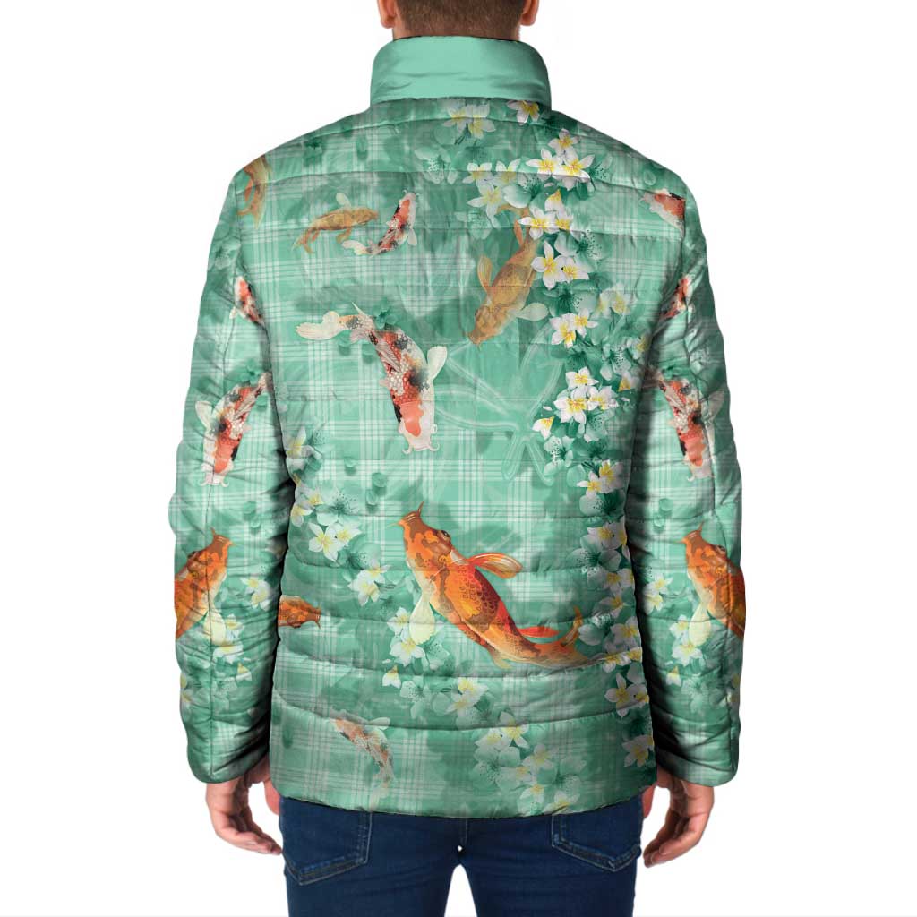 Green Palaka Hawaiian And Japanese Padded Jacket Sakura Lei With Koi Fish - Polynesian Pride